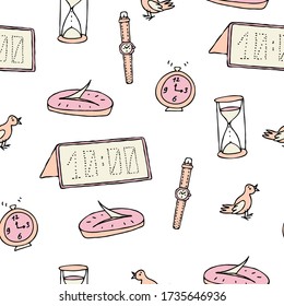 Doodle time related seamless pattern. Pink color funny watch icons of different eras on white background. Vector stock illustration in cartoon style. 