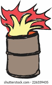 doodle tin barrel and fire on street, vector