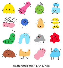 Doodle tiny monsters set. Cute little colorful creatures with cheerful face emotions