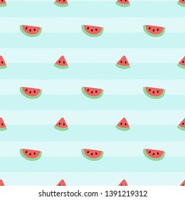 Doodle tiny red green seamless lovely pattern on stripe pastel background. Fun with cute polkadot watermelon. Can use it to wrap gift box for kids, your little kitty will enjoy with adorable thing.