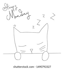 Doodle tired lazy sleep cat hold with "Sleepy Monday" quote hand drawn calligraphy vector illustration design.