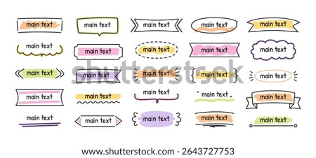 Doodle title box. Hand drawn text label frames, decorative highlighted banners and sketch style tag boxes. Ribbon, rectangle, oval framed and underlined text vector template set.