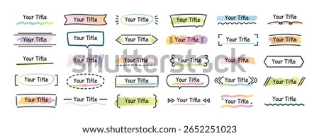Doodle titles. Hand drawn title banner frames, creative decorative headers and headline elements. Framed and underlined titles for presentations, notes and classroom designs vector templates set.