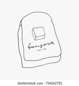 Doodle toast with butter vector line art. Breakfast food illustration. Cafe hand drawn logo. Piece of bread 
