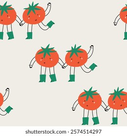 Doodle Tomato Character Friends Seamless Pattern. Funny Cherry Tomatoes Kawaii Background. Cute Vegetables Mascot Relationship Wallpaper. Vector Hand Drawn Surface Design