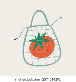 Doodle Tomato Face Character in Mesh Bag. Cherry Tomatoes Kawaii in Grocery Net Bag. Cute Vegetables Mascot. Vector Hand Drawn Isolated Illustration