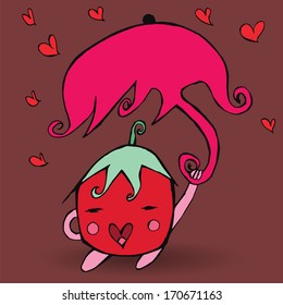 Doodle Tomato hold floral umbrella with love rain, concept for love theme