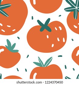 Doodle tomato vector seamless pattern. Hand drawn texture for kitchen wallpaper, textile, fabric, paper. Food background. Flat vegetables on white. Vegan, farm, natural