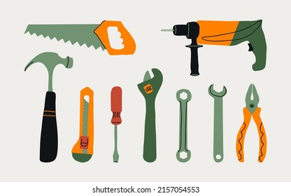 Doodle tools and cartoon instruments, set with hammer, saw, drill, wrench, knife, screwdriver, pliers. Vector illustration for kids