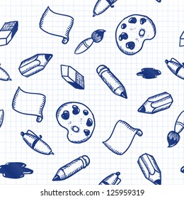 Doodle tools: pen, pencil, brush, eraser, palette etc. seamless pattern