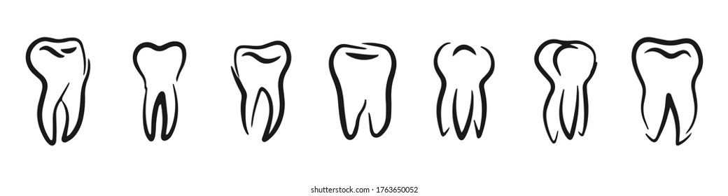 Doodle tooth set icon isolated on white. Kids hand drawing art line. Sketch vector stock illustration. EPS 10