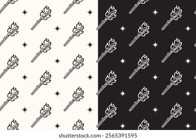 doodle torch with fire seamless pattern on black white background for camping adventure merchandise.  retro flam beau with flame pattern background. pattern of torchlight with burn vector background