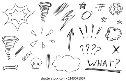 Doodle tornado, nature, mountains, arrow, stars, skull, text. Sketch set cute isolated line collection.