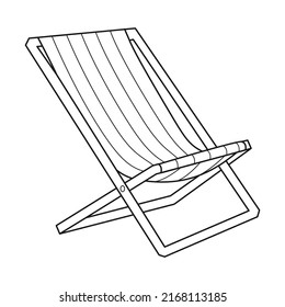 Doodle Tourist or beach folding chair. Equipment for camping, car travel, garden, beach. A piece of outdoor furniture. Outline black and white vector illustration isolated on a white background.