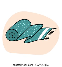 Doodle Handtuch rollte hoch. Körperhygiene. Strandzubehör und Badzubehör. Handgezeichnete Vektorillustration.