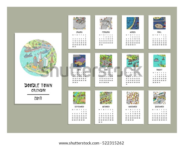 Doodle town calendar of 2017. Map drawn by
hand. Vector. Isolated.