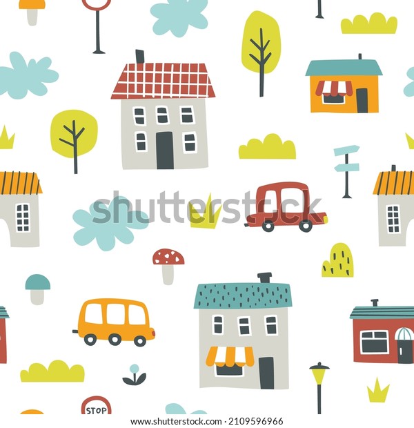 Doodle town scandinavian pattern with houses,\
trees and cars. Seamless vector print for fabric, textile, apparel,\
nursery.