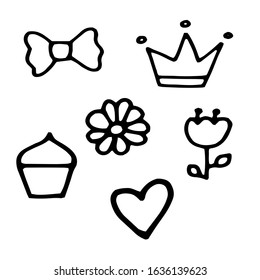 Doodle toys for cute little babies. bow, crown, flower, cupcake, heart. Hand drawn children toys. Vector illustration isolated on white