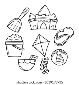 Doodle toys for playing in the beach sand, black white hand drawn sketch vector objects