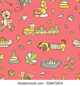 Doodle Toys seamless pattern. Colorful Kids background. Endless wallpaper.