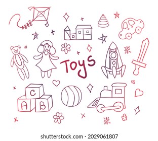 Doodle toys set. Different hand drawn children toys. Vector illustration in cartoon style on white background.