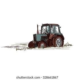 Doodle tractor. Isolated in white background. Excellent vector illustration, EPS 10