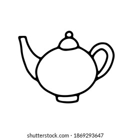 Doodle traditional hand drawn teapot. Outline Kettle isolated on white background. Cozy kitchen utensils, cute kitchenware, dishes for tea, coffee, drinks. Breakfast, five o'clock symbol. Vector sign