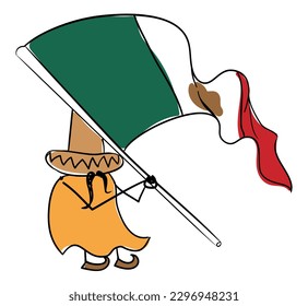 Doodle of a traditional  Mexican character with big poncho, charro hat or sombrero, big mustache and Mexico flag.