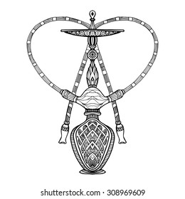 Doodle traditional tobacco smoking hookah with oriental ornament isolated on white background vector illustration