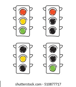 Doodle Traffic light set. Stop, think, do. Isolated Vector Illustration