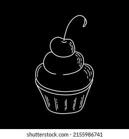 Doodle transparent cupcake. Design sketch element for menu cafe, bistro, restaurant, coffeehouse, bakery, label, poster, banner, flyer and packaging. Vector illustration on a black background.