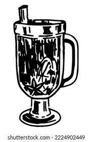 Doodle of transparent glass cup of mulled wine. Sketch of cold season cozy beverage. Hand drawn vector illustration. Single clip art isolated on white..