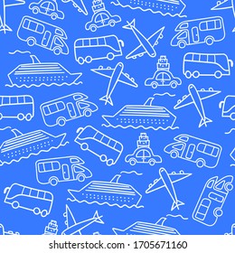 Doodle transportiert nahtloses Muster auf blauem Hintergrund.  Vektorgrafik.