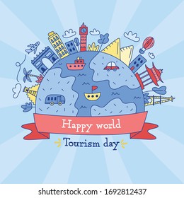 Doodle travel around the world concept summer banner