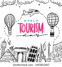 Doodle travel around the world concept summer banner