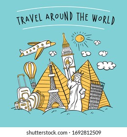 Doodle travel around the world concept summer banner