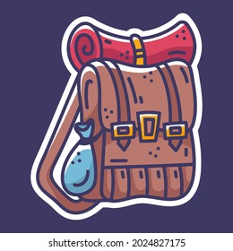 Doodle-Reise-Rucksack, Vektorgrafik. RPG-Fantasy-Aufkleber