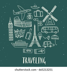 Doodle travel drawings on textured background including transport; stuff, monuments. Tourism and sightseeing illustration for your design.