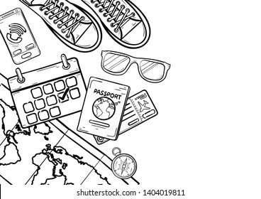 doodle travel elements and accessories icon. plane around the world concept summer banner on Background. vector, Card, Poster,  Hand Draw
