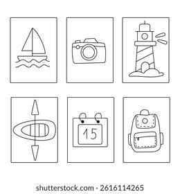 Doodle travel elements. Lighthouse, yacht, backpack