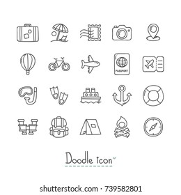 Doodle Travel Icons. Hand Drawn Doodle Icon Set.