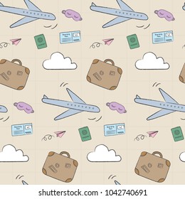 Doodle travel pattern with airplane, suitcase, and passport. Playful, cute, and flexible doodle pattern for brand who has fun style. The art vector graphic can be repeated.