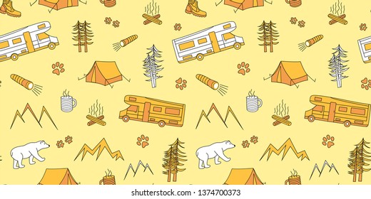 Doodle travel pattern with seamless pattern. Yellow orange print for fabric, children's clothing, wallpaper, bags, bed linen, children's pajamas, gift paper