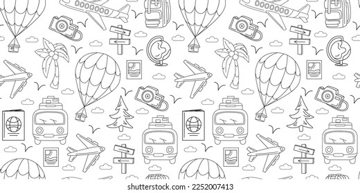 Doodle travel pattern. Summer sea vacation. Wallpaper icons. Hand drawn marine sketch. Funny pencil symbols. Journey by plane and car van. Photo and palm. Vector seamless recent texture