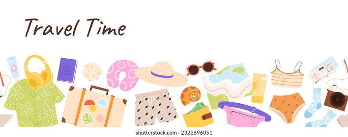 Viaje sin fisuras con artículos de equipaje. Accesorios de vacaciones en la playa, maleta turística, ropa y boletos. Plantilla de banner vectorial Racy