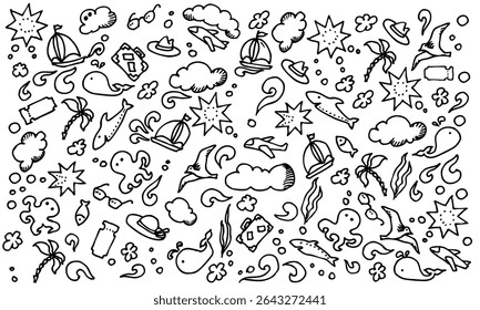 Doodle travel set. Hand drawn vector illustration on white background. 