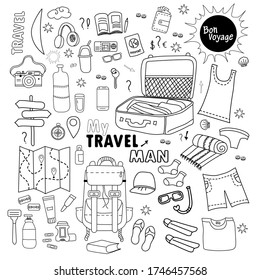 Doodle travel stuff. Set of pictures Traveling men on vacation. Fees for baggage, things, clothes and shoes. Men's set. All elements are isolated.