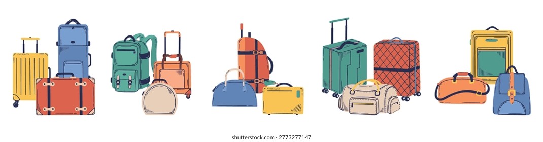 Doodle travel suitcases. Bag, backpack and suitcase, plastic and textile bags for luggage. Different baggage groups, vacation, tourism, neoteric vector set