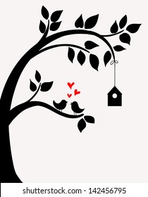 Doodle tree with birds in love and nesting box.