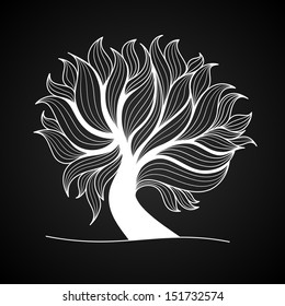 Doodle tree with branches and leaves, black and white color, vector illustration 